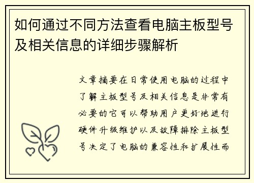 如何通过不同方法查看电脑主板型号及相关信息的详细步骤解析